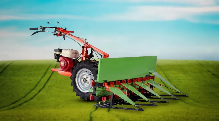 A modern tractor with a seed drill attachment working on a vast farmland under a cloudy sky