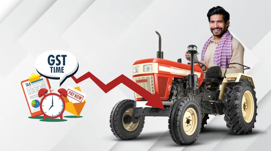 Farmer driving tractor showing GST payment and tax concept