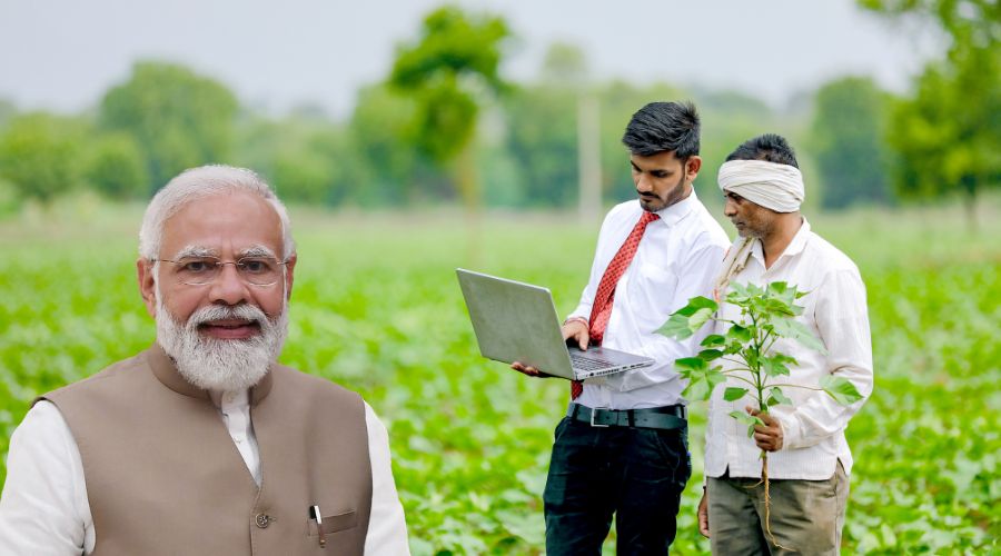 Farmer discussing crop scheme with officer under government support program