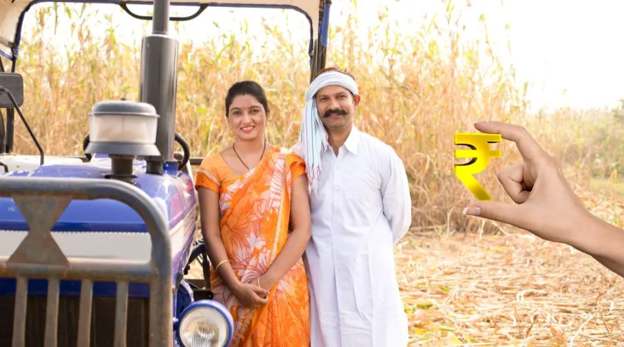 Farmer couple by blue tractor in sugarcane field, rupee symbol showing farm finance